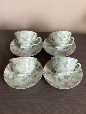 4 Green Floral Porcelain Tea Cups